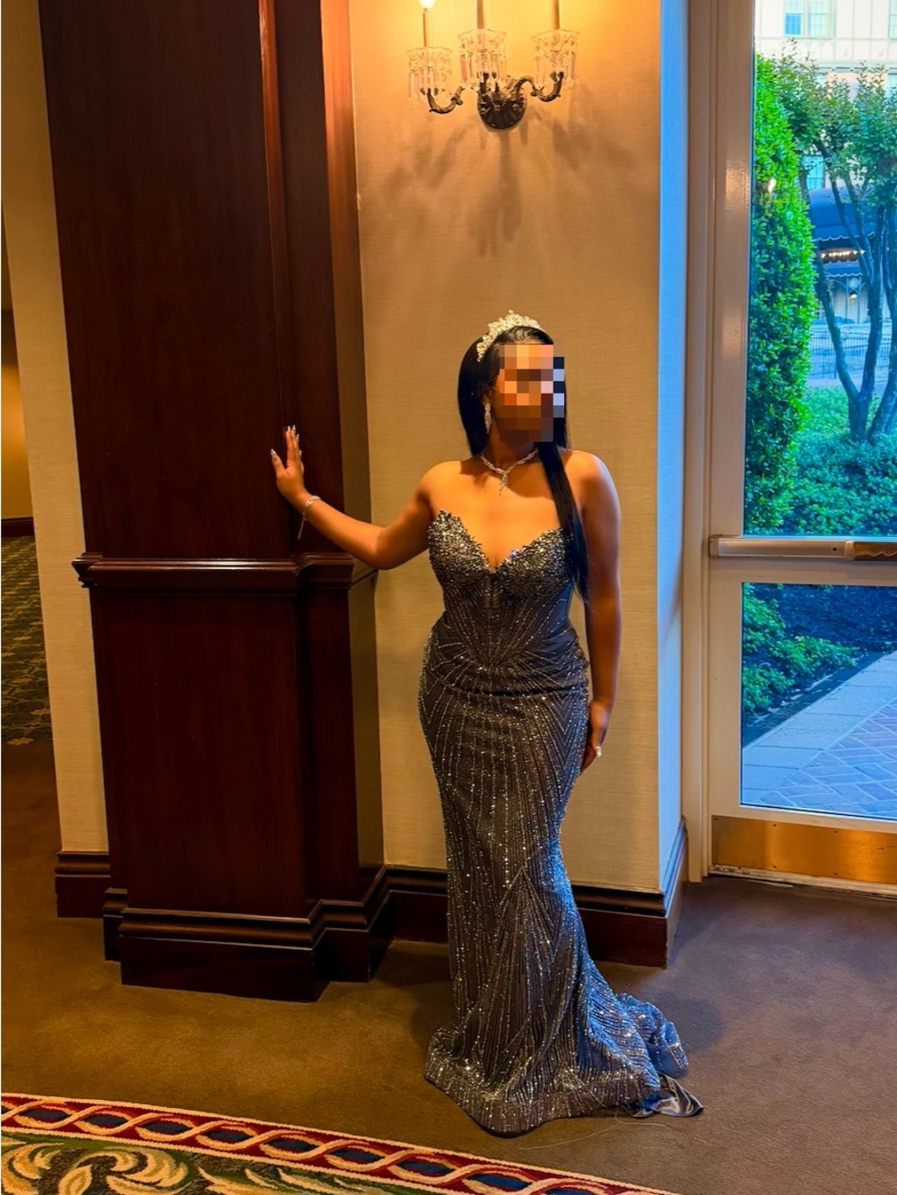 Embellished Navy Evening Gown with Sweetheart Neckline